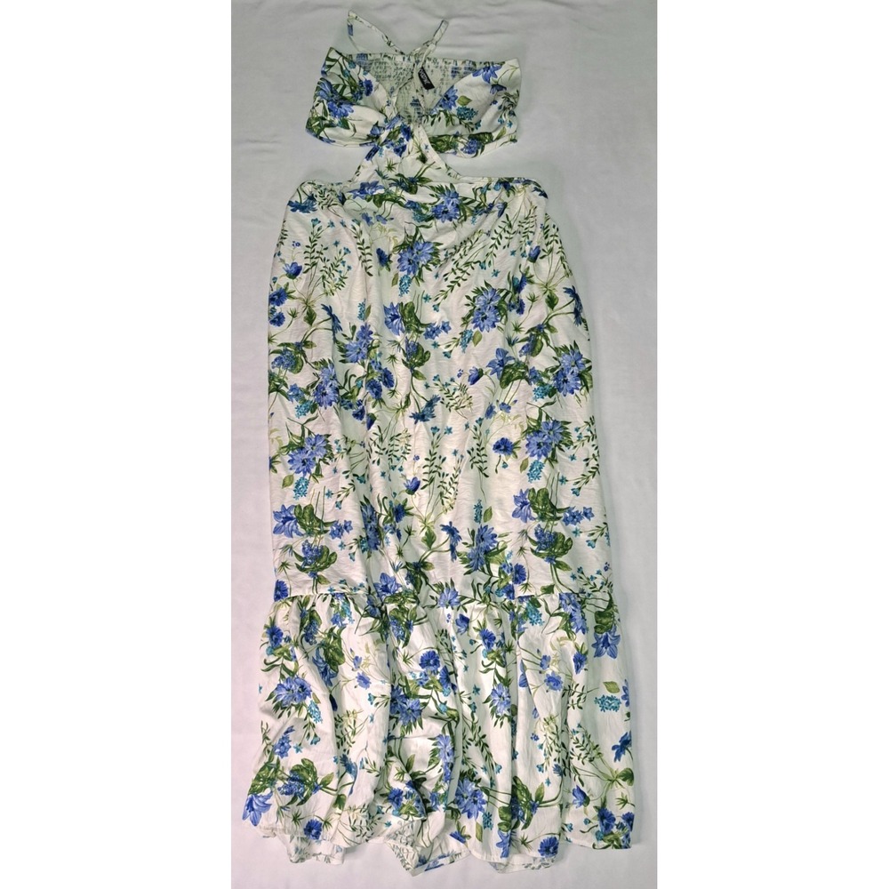 Blue & White M Floral Halter Bandeau Maxi Dress Boho Feminine Cottagecore Whimsy